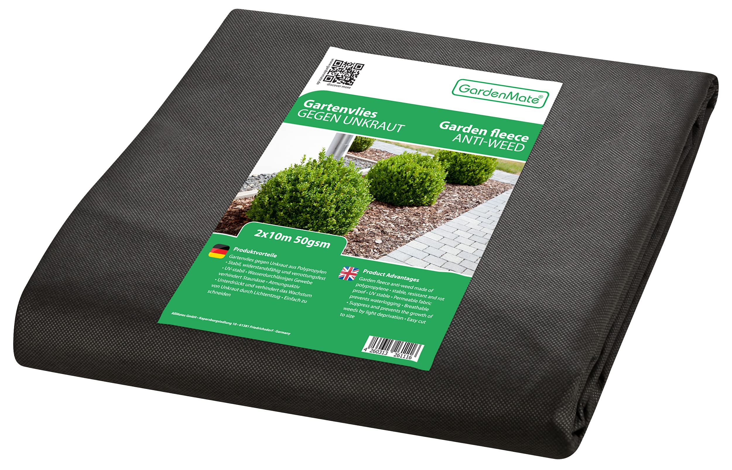 GardenMate 2m x 10m Garden Fleece 50g/m² - Weed Control Fabric - Tear-Resistant - High UV Stabilisation - Water Permeable