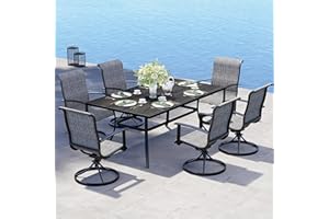 Grand patio Outdoor Dining Set for 6, Patio Dining Set with 6-Piece Mesh Sling Rocking Chairs, 1-Piece Large Rectangular Woodgrain Dining Table with Umbrella Hole, Black & Grey Plaid