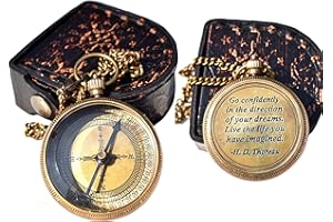 TA DIZAYN Solid Brass Thoreau's Go Confidently Quote Engraved Compass with Wooden Box, Camping Compass, Baptism & Graduation Gift, Christian Gift for Men & Confirmation