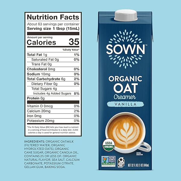 SOWN ORGANIC OAT CREAMER VANILLA – BARISTA OAT MILK NON DAIRY COFFEE CREAMER – PLANT BASED, DAIRY-FREE, VEGAN, GLUTEN-FREE, NON-GMO, SHELF STABLE – 32OZ