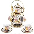 DaGiBayCn 20 Piece European Ceramic Tea Set Coffee set Porcelain Tea SetWith Metal Holder,flower tea set Red Rose Painting,160ML/Cup,460ML/Pot (Large version).