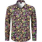 Fashonal Men's Mardi Gras Novelty Button Down Long Sleeve Shirt, S-4XL