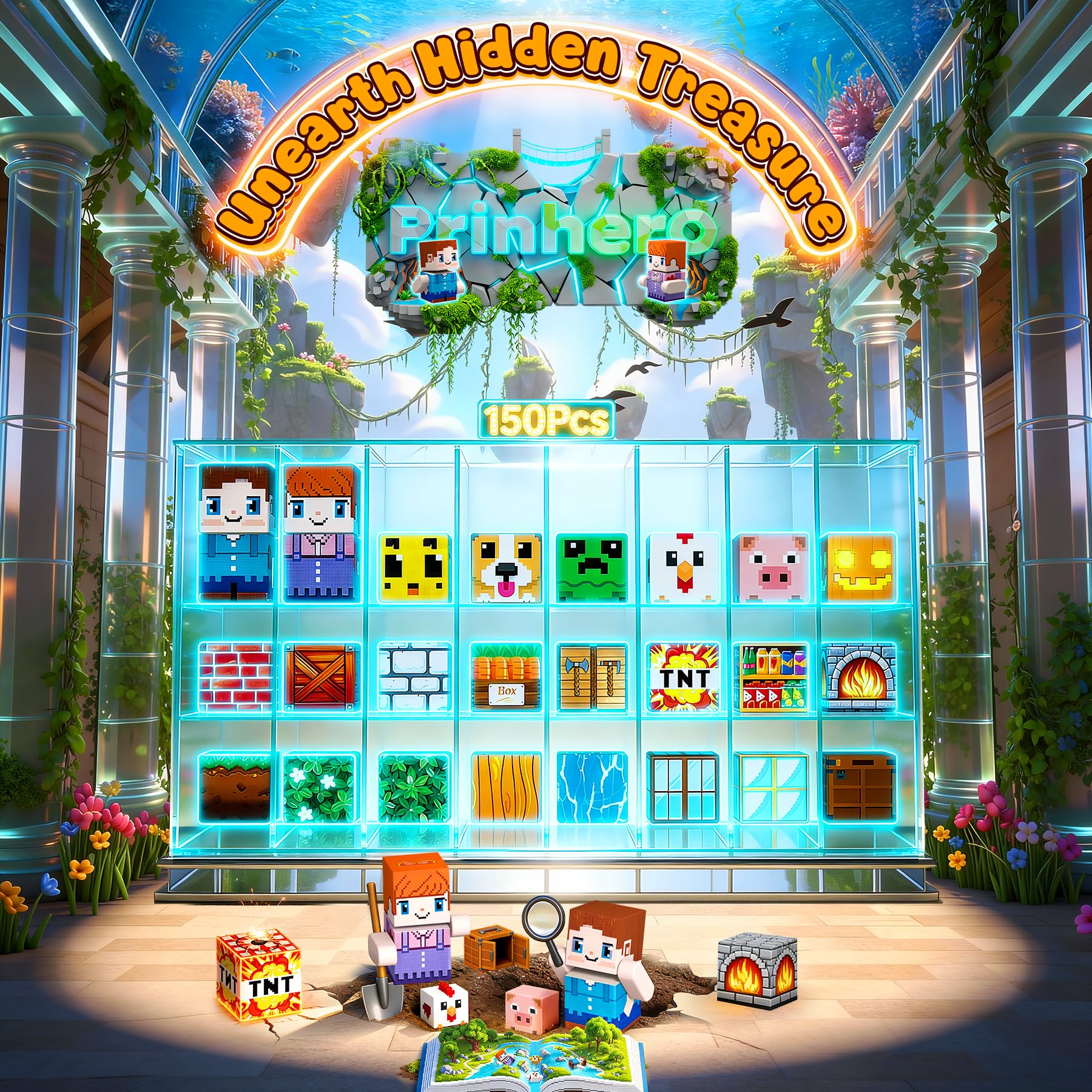 Prinhero Magnetische Bausteine - 150 Teile Magnetbausteine Magnetspielzeug Magneten Kinder Magnetische Bauwelt Mine Spielzeug Magnetblöcke für Kinder ab 3-10 Jahre Ganzjahres Abnehmbare Ostergeschenke 5