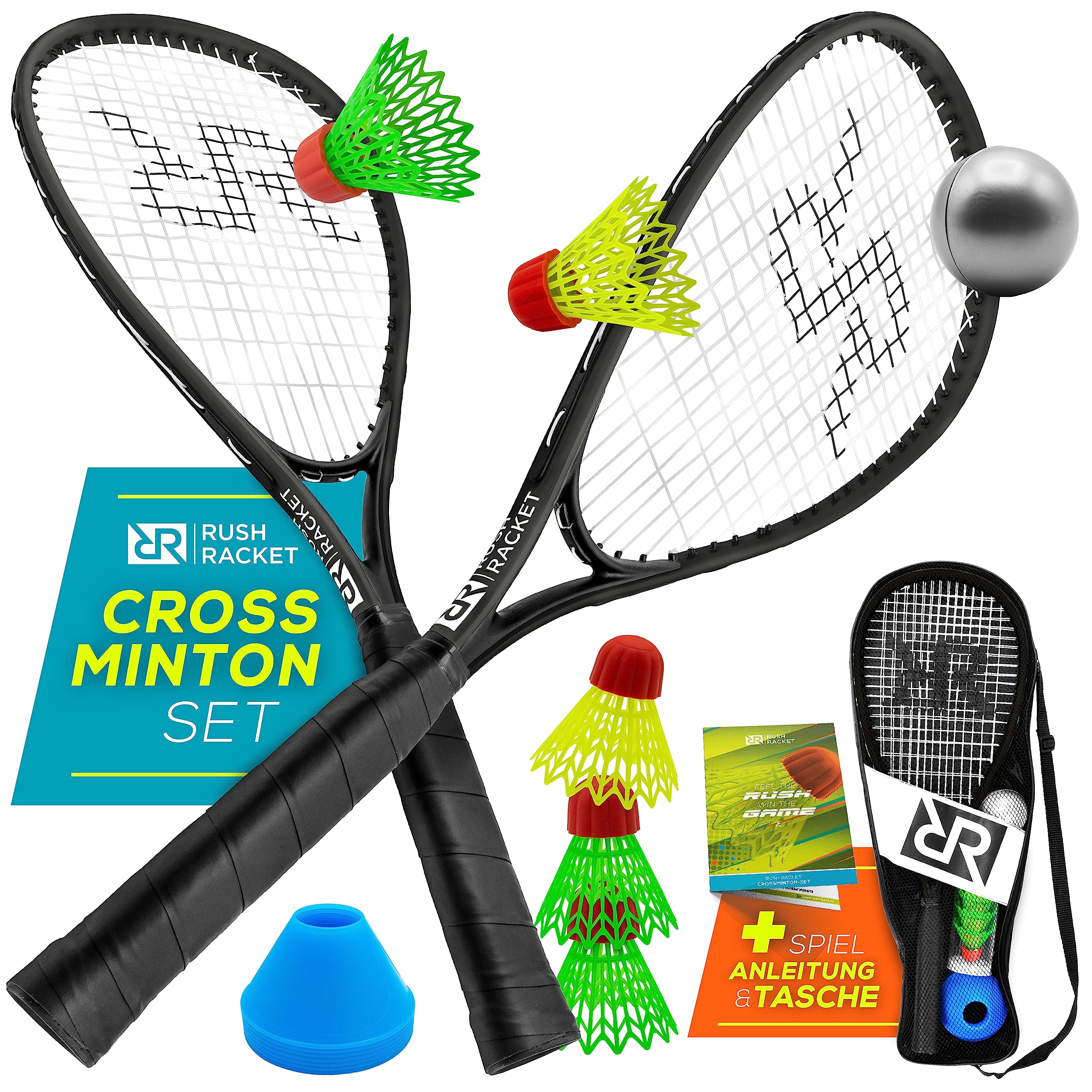 Rush Racket RS3 Speed Badminton Set 5 Pieces (2 x Rackets, 5 x Shuttlecocks, 1 x Softball, 8 x Field Marking, 1 x Carry Bag) Crossminton Set - Turbo Badminton Set - Speed Badminton Set (Black)