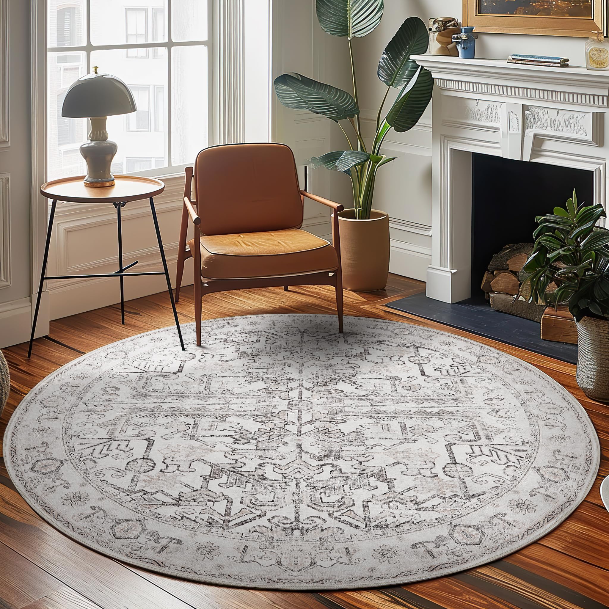 Photo 1 of jinchan Round Rug 7ft Vintage Machine Washable Area Rug Kitchen Indoor Circle 7' Ultra-Thin Non-Slip Floral Print Carpet for Farmhouse Entryway Dining Room Living Room Bedroom Office (7'Round,Taupe)
