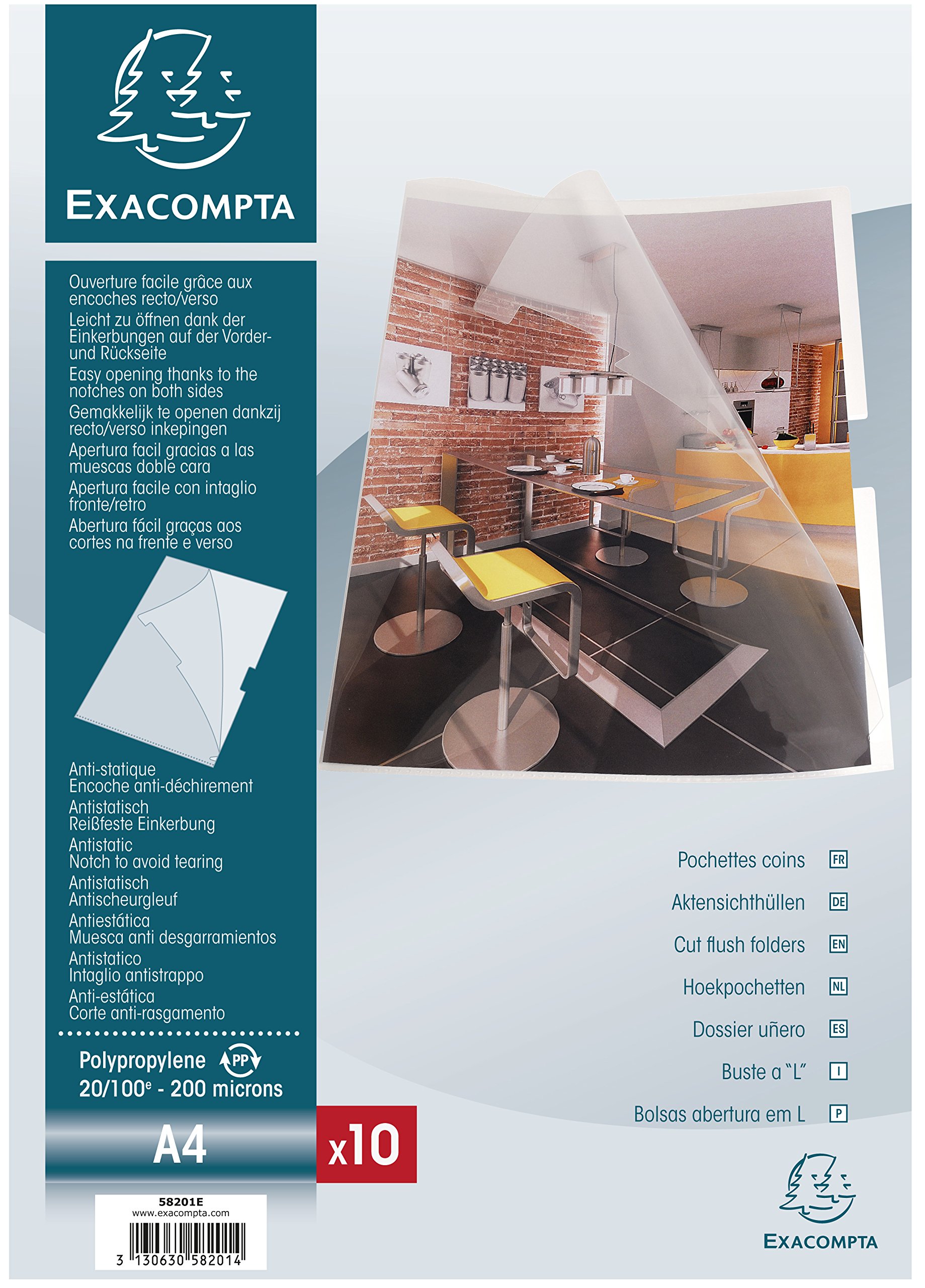 Exacompta - Ref 58201E - PP Rigid Cut Flush Pockets - Suitable for A4 Documents, Rigid Polypropylene Material, Top & Side Openings - Clear (Pack of 10)