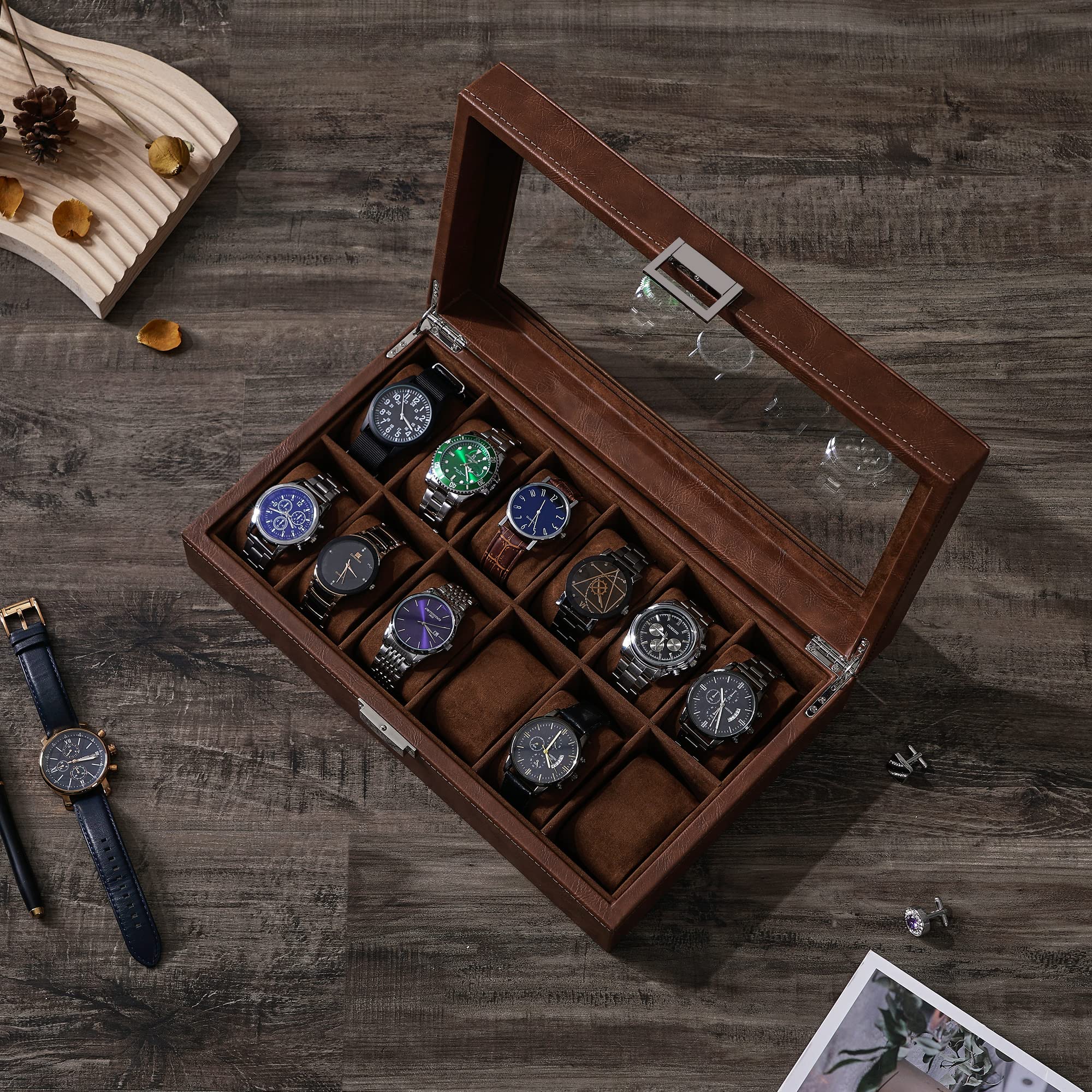 BEWISHOME Watch Case, 12-Slot Watch Box with Large Glass Lid, Watch Case for Men Watch Box Organizer, Mens Jewelry Box Removable Watch Pillows, Synthetic Leather, Brown SSH08Z