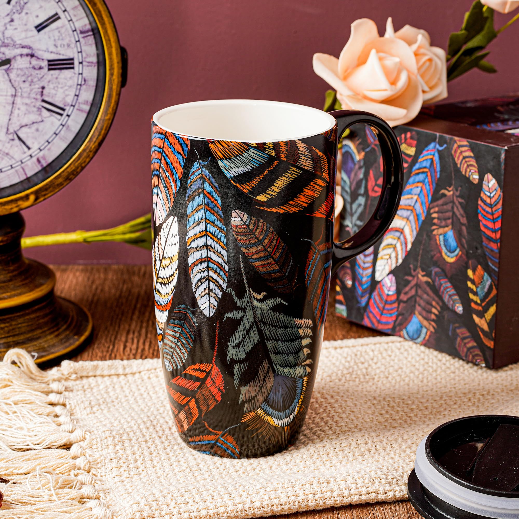 DUSVALLY Coffee Ceramic Mugs Travel Coffee Mug Porcelain Latte Tea Cup with Lid and Gift Box 17oz.Tall Coffee Mug, Feathers