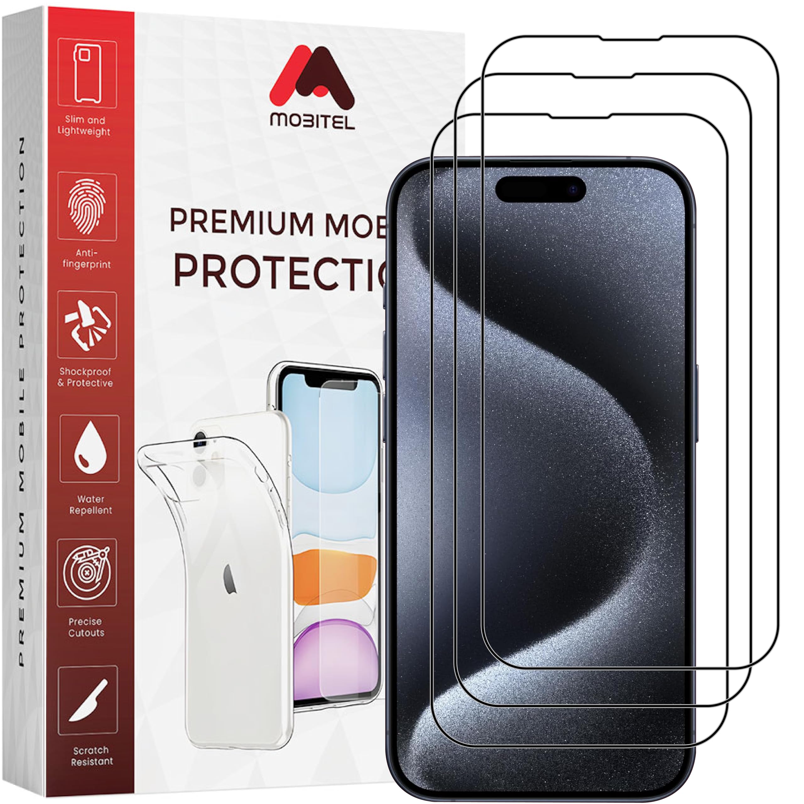 Mobitel 3-Pack Tempered Full Coverage Glass Screen Protector 9H Hardness Anti-Bubble Anti-Scratch Case Friendly Easy Installation HD Clear (iPhone 15 Pro)