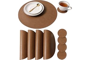 JOVONO Embossed PU Leather Placemats, Waterproof Coffee Coasters, Kitchen Table Mats, Easy to Wipe Off for Dining Round Table