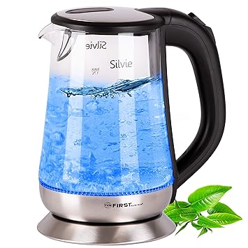 TZS First Austria -1,7L Edelstahl Glaswasserkocher mit Anti-Kalkfilter | blaue LED Beleuchtung | Wasserkocher aus Glas 2200 W