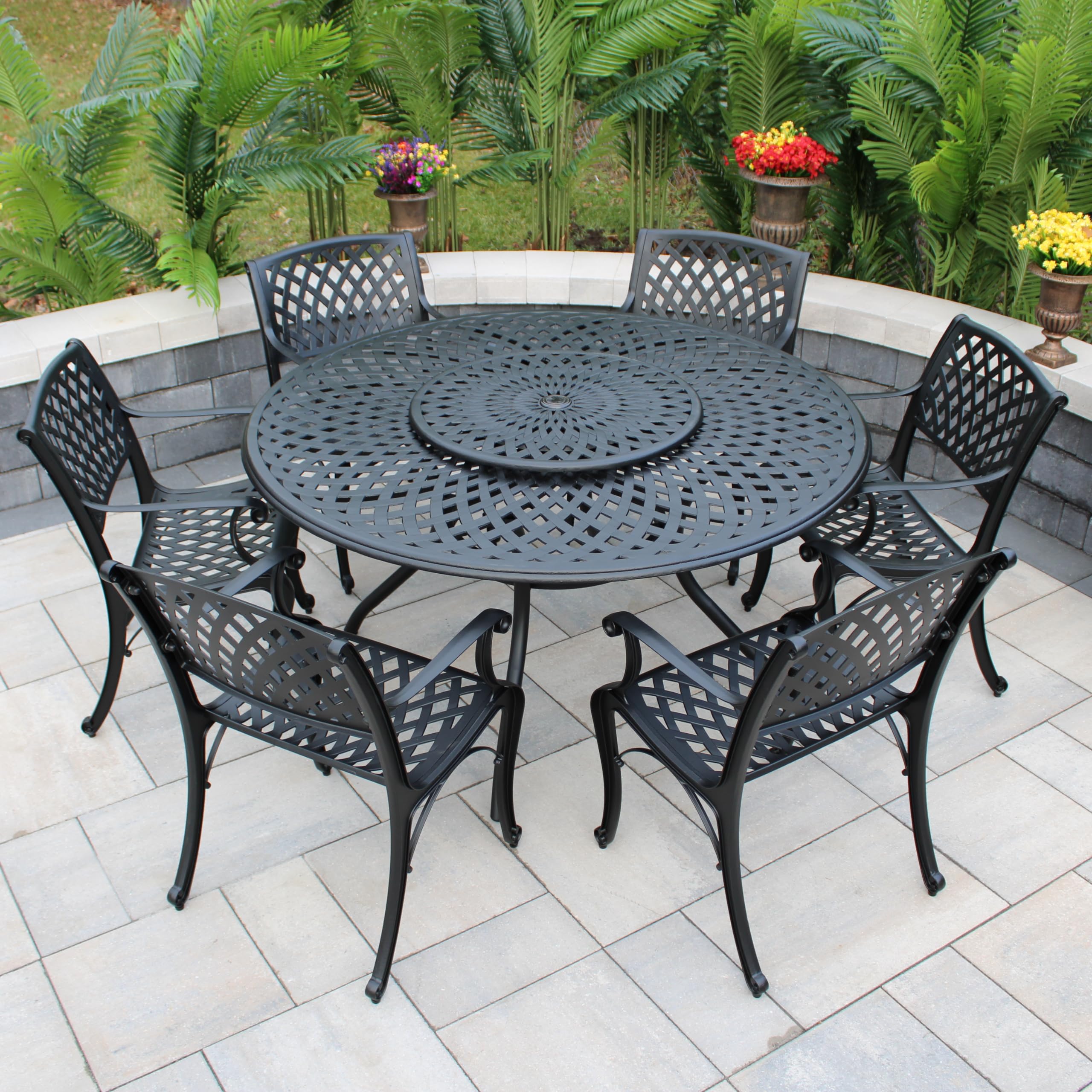 Photo 1 of ***PARTIAL ITEM***BOX 2,3,4&7 ONLY***(4 BOXES OUT OF 7)Oakland Living 1022-1016(6)-LBK Modern Ornate Outdoor Mesh Aluminum 59-in Large Black Round Patio Lazy Susan and Six Chairs Dining Set