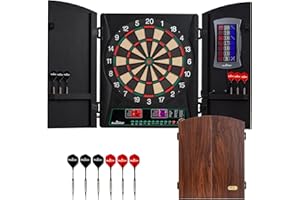 Arachnid CricketMaxx 1.0: 13.5” recreation size with wood cabinet. Features 34 games, 183 variations, 8-player LED X/O scoring, and Heckler mode. Integrated storage for darts and accessories