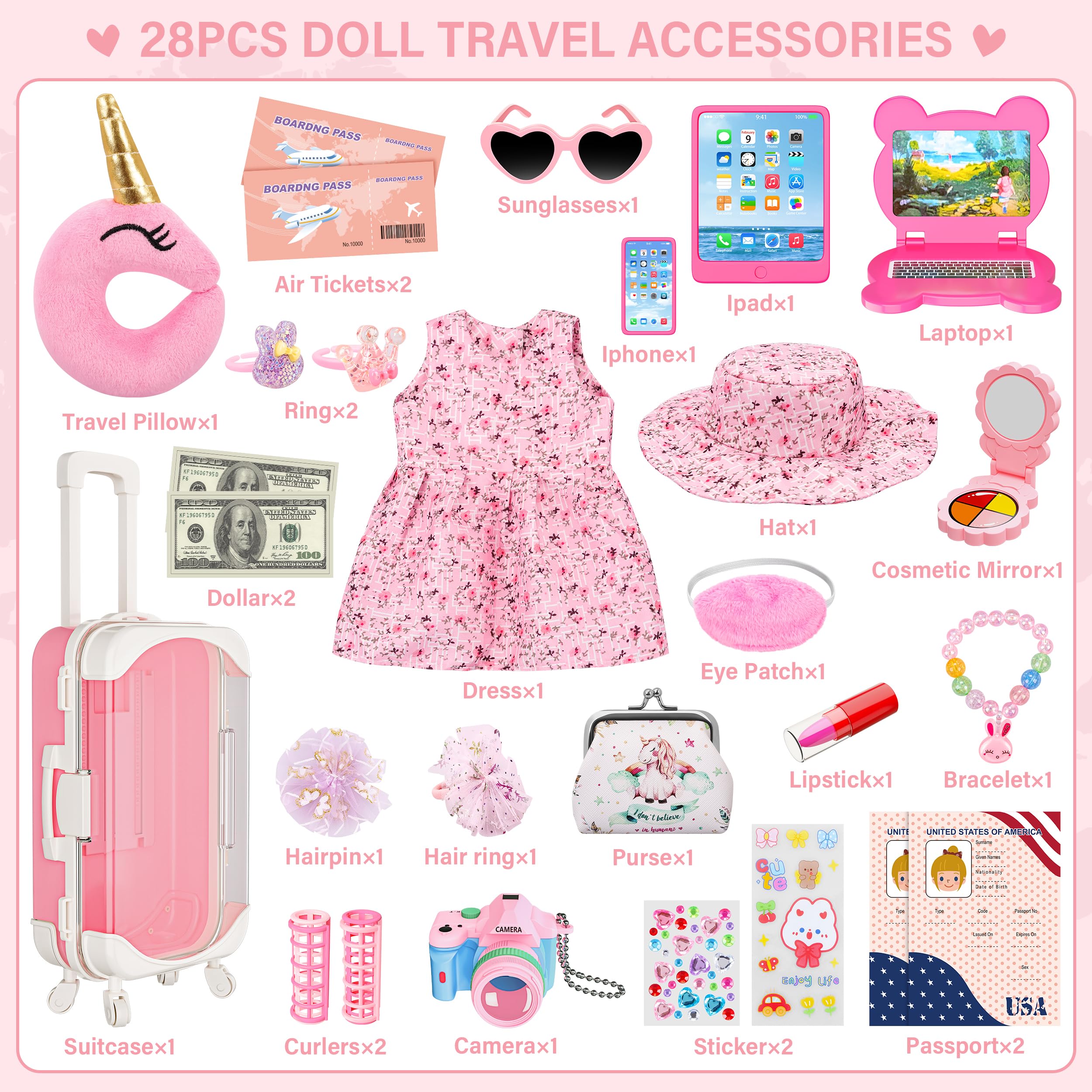 Doll Suitcase Travel Set, 18 inch Doll Clothes and Accessories - 28 Pcs Travel Pillow, Unicorn Bag, Sunglasses, Camera, Computer, Phone, Passport, Birthday Gift for Age 3 4 5 6 Year Old Girls