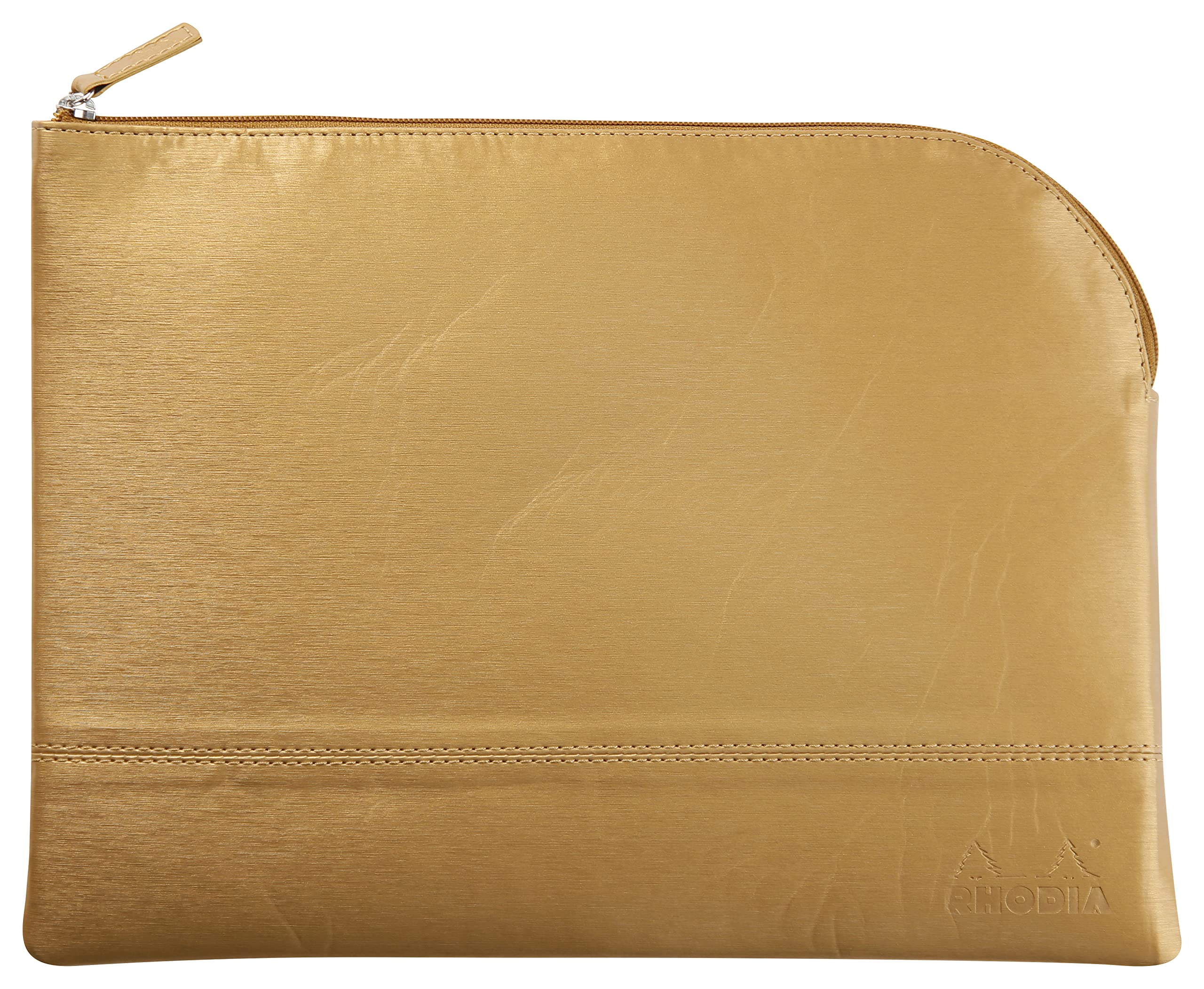 RHODIA 116717C - Faux Leather Zipped Pouch - Gold - Size L (21 x 28 cm) - Genuine Stitching - Orange Fabric Inside - Storage for Documents, Small Supplies