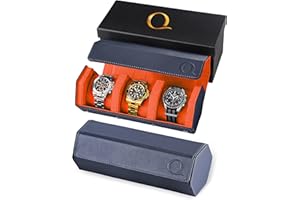 QWATCHBANDS Napa Leather Watch Rolls for Men - Hexagon Triple Watch Roll Travel Case for 3 Watches - Storage Organizer Genuine Leather with Velvet Interior Display (Blue/Orange)