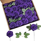 Lansdowns Artificial Flower Foam Rose 25pcs Real Looking Fake Rose with Stems Leaves for Home Decoration Party Garden Centerpieces DIY Wedding Bouquets(Purple)