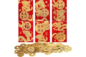 ELLZK 36 Pcs Chinese Red Envelopes Lucky Money Envelopes 2024 Chinese New Year Dragon Year Envelope Small and 50 Pieces Chinese Feng Shui Coins Good Luck Fortune Coin I-Ching Coin for Health andWealth
