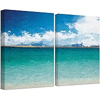 SIGNWIN Canvas Wall Art Clear Blue Sky Over The Blue Green Sandy Beach Coastal Ocean Oil Painting Abstract Modern Scenic Relax/Calm for Living Room, Bedroom, Office - 16