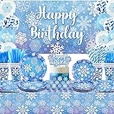 Winter Snowflake Party Decorations, Including Happy Birthday Backdrop, Cake Toppers, Tableware, Tablecloth Balloons for Snowflake Winter Wonderland Party, Serves 20