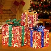 Set of 3 Christmas Lighted Gift Boxes, LED Light up Present Boxes, Christmas Ornaments Decorations for Xmas Tree Holiday Home Decor Indoor Outdoor, Red Reindeer, YOFOVI