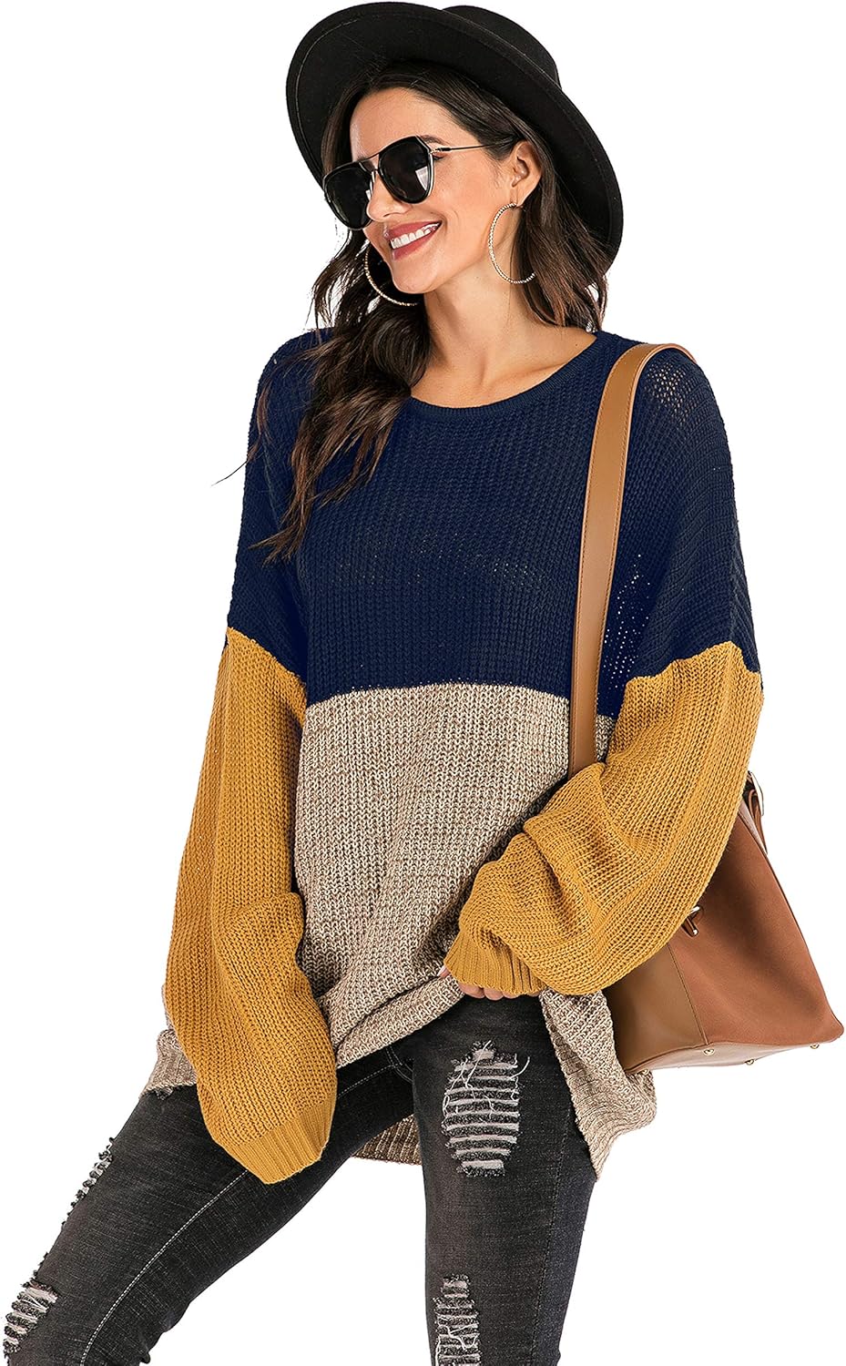 Lentta Women's Casual Baggy Batwing Sleeves Colorblock Knit Sweater Pullover Topsï¼Blue-Sï¼ at 