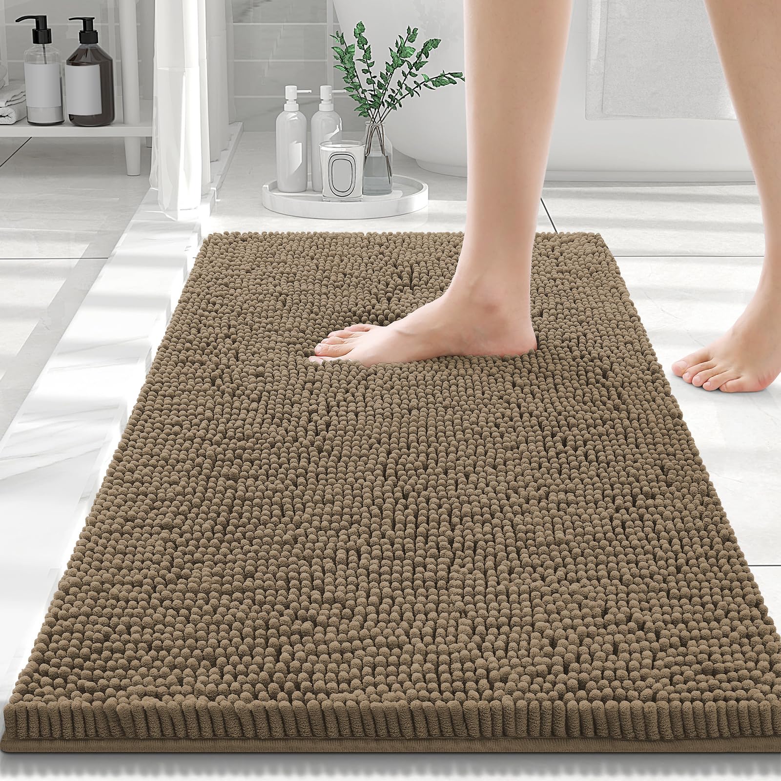 Photo 1 of Smiry Luxury Chenille Bathroom Rugs 30x20, Extra Soft and Absorbent Shaggy Bath Mat, Machine Washable, Non-Slip Plush Carpet Runner for Tub, Shower, and Floor, Home Decor Accessories, Camel