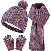 Wenouy Kids Winter Hat Scarf Gloves Set, Toddler Fleece Lined Gloves Warm Knitted Scarf Winter Beanie with Pom for Boys Girls