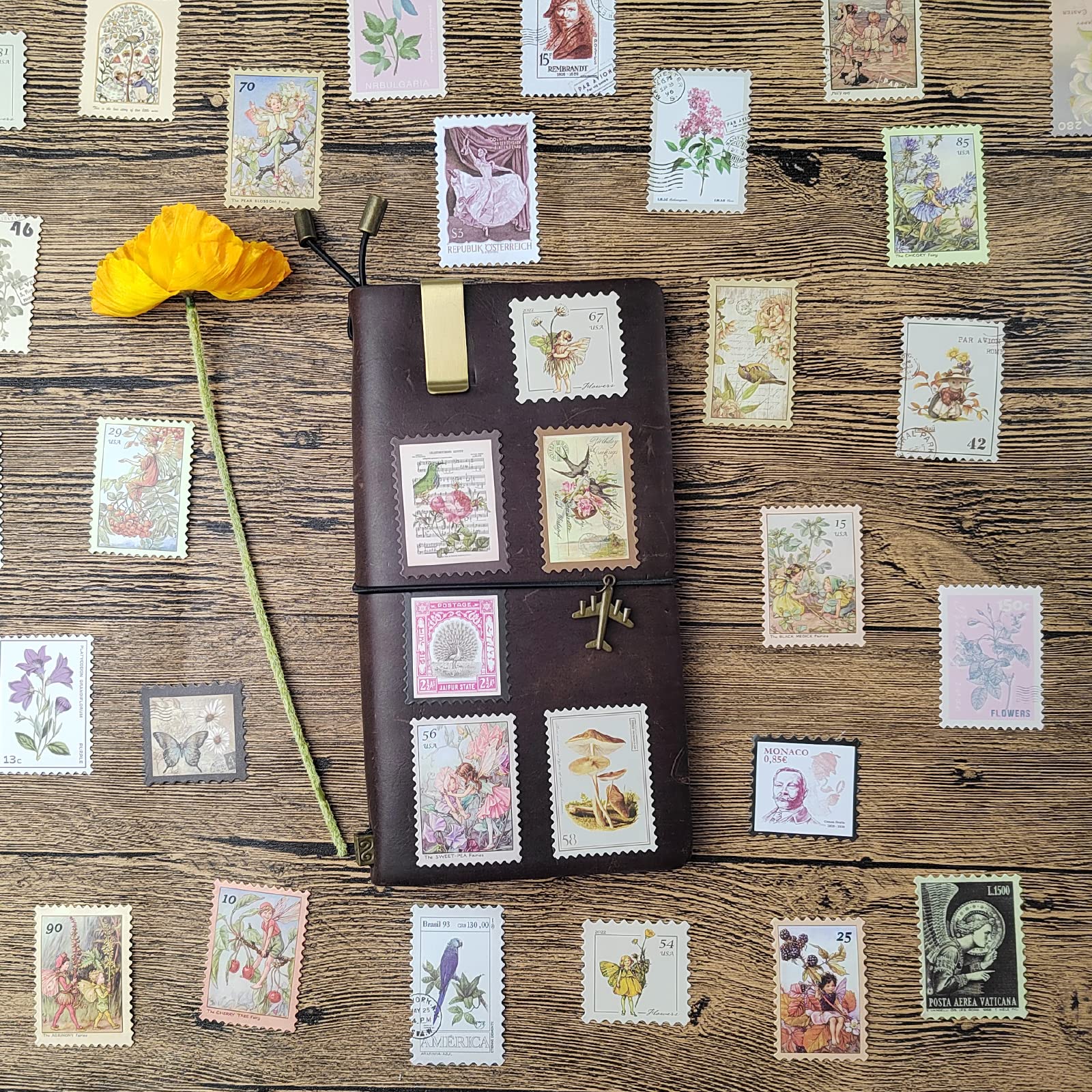 Vintage Postage Stamp Stickers for Scrapbook, 100 Pcs Deco Paper Stickers for Bullet Journal,Botanical Fairy Sticker for Junk Journal, DIY Crafts,Collage Album (Stamp-Like)