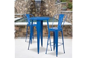 EMMA + OLIVER Commercial Grade 24" Round Blue Metal Indoor-Outdoor Bar Table Set-2 Cafe Stools