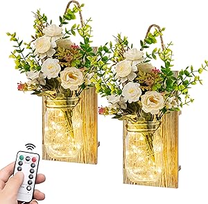 Rustic Wall Sconces Decorative Mason Jar Sconces Wall Décor Hanging Design with Remote Control for Farmhouse Home Christmas Decorations Ideal for Christmas Gift, Home Decoration, Kitchen, Living Room Set of 2