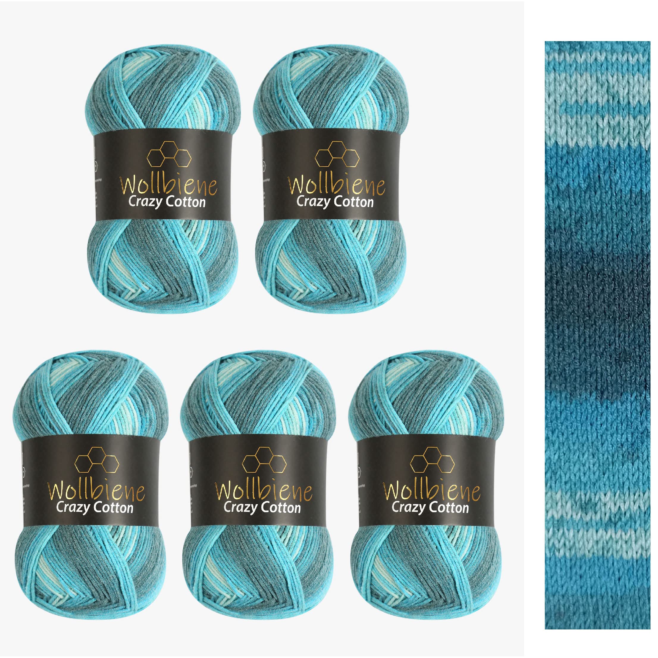 5 x 100g Wollbiene Crazy Cotton Batik, 500g with Colour Gradient, 55% Cotton, Multicoloured Knitting & Crochet Wool, All-Year Wool (5200 Petrol Turquoise White)