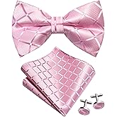 GUSLESON Mens Plaid Checkered Bow Tie Handkerchief Jacquard Woven Adjustable Pre-Tied Bowties Pocket Square Cufflinks Set