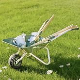ROBOTIME Kids Wheelbarrow with Gardening Set &ndash; Metal Wheelbarrow Toddler Outdoor Play Toy with Garden Tools, Watering Can &amp; Plant Labels, Pretend Play Yard Equipment for Boys and Girls (Green)