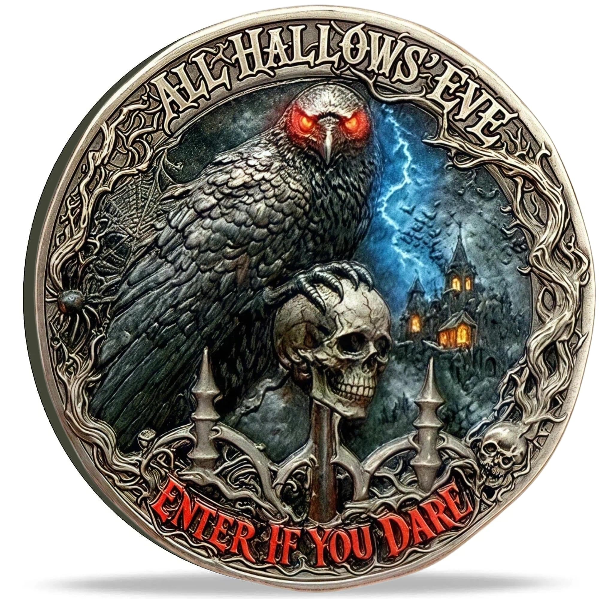 Spooky Halloween Witch and Gothic Raven Skull Challenge Coin Keepsake Gift