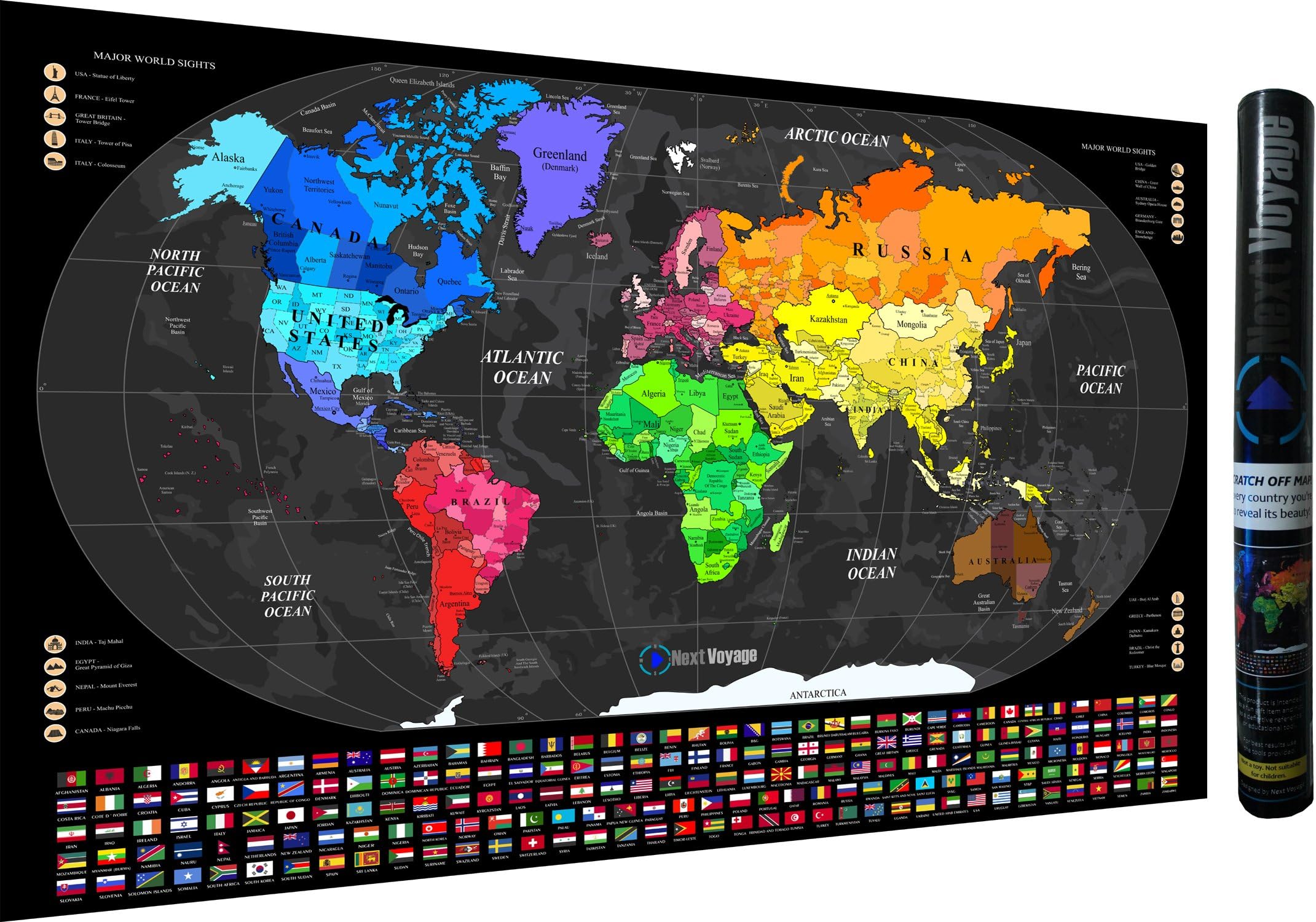 World Map Scratch Off Poster (33.5x23 Inch), Unique Design, Detailed Cartography, Countries, Islands, Flags and Popular Iconic Places