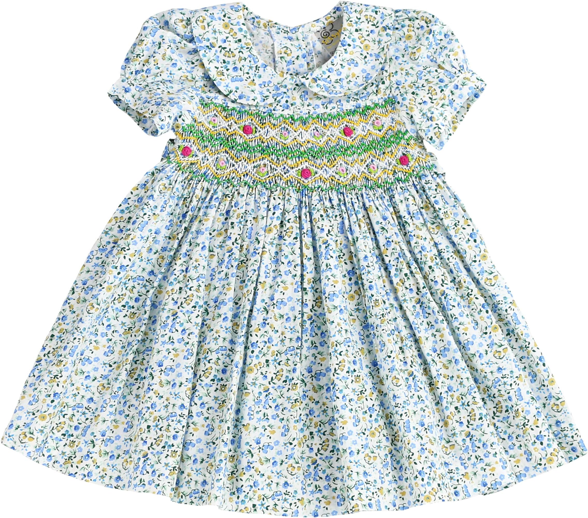 Infant and Toddlers (12M-4T) Soft Hand Smocked Dress | Laura Carrie Flowers in Aqua-Green