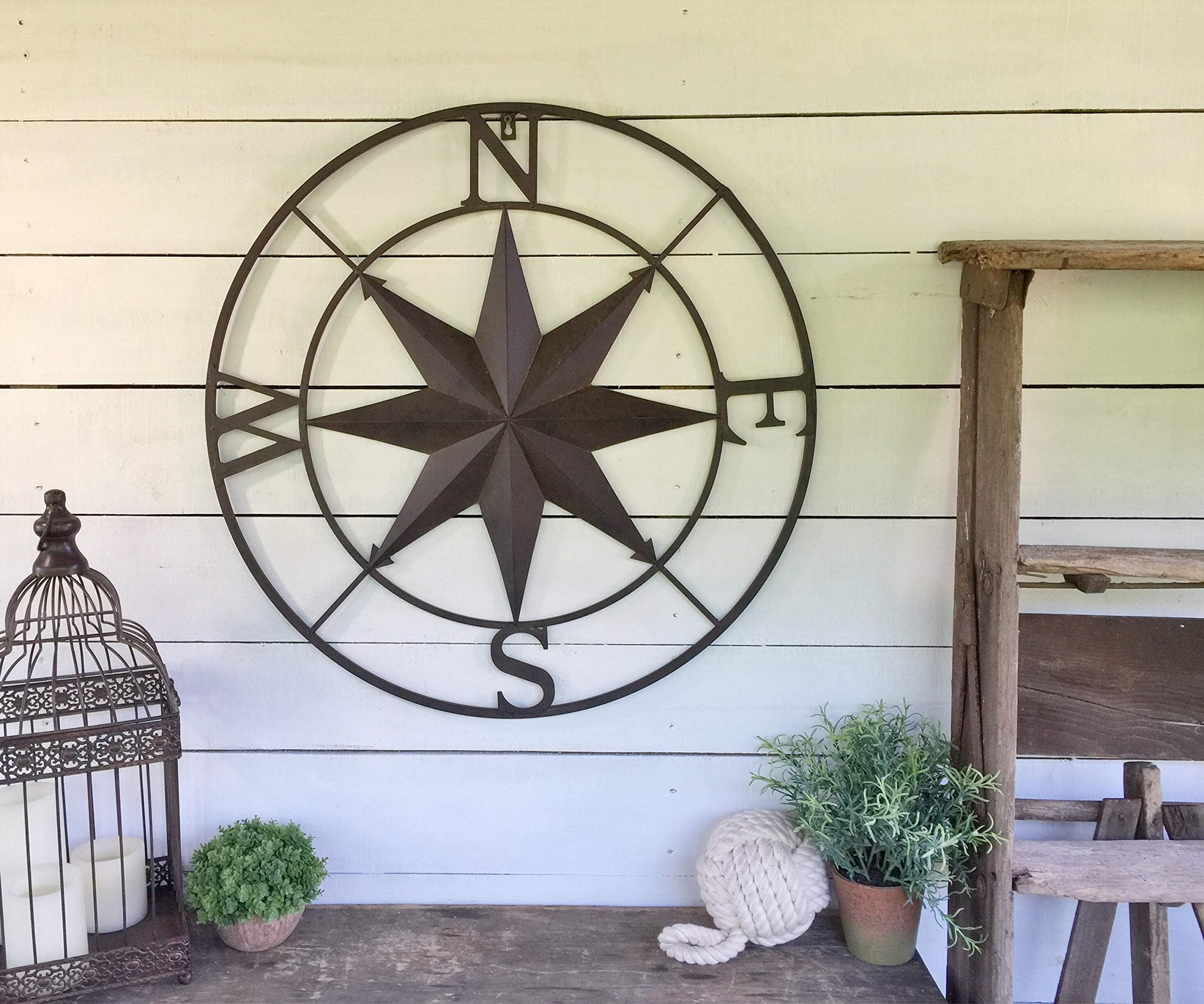 Ced454sy Distressed Large Metal Wall Art Compass Nautical Beach Decor