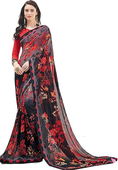 Women's Graphics Printed Lace Work Pure Georgette Saree with Blouse Piece (NIRVANA-40030, Black Red)