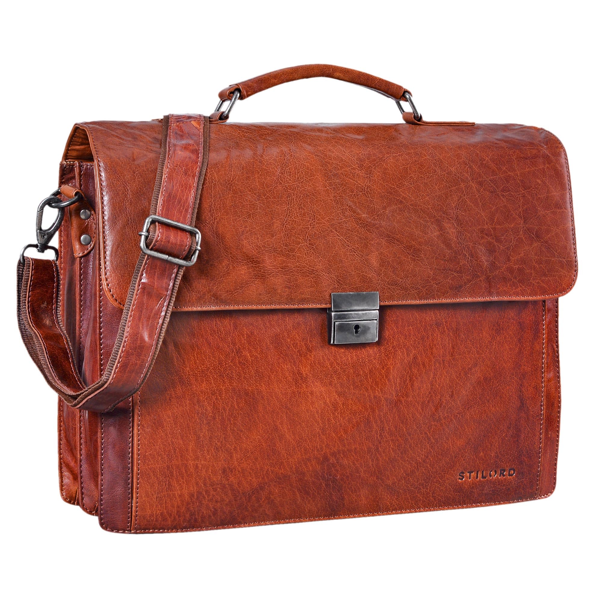 STILORD 'Johann' Classic Leather Briefcase with 15.6 inches Laptop Compartment Portfolio Men & Women Classic Design Satchel Business Work Bag Leather, Colour:Brandy - Brown