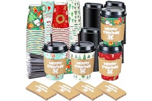 Lallisa 100 Sets Christmas Disposable Coffee Paper Cups Bulk with Lids Sleeves & Straws, 12 oz Red and Greenxmas Snowman Coffee Cups for Hot Cocoa Cold Tea Holiday Party Supplies