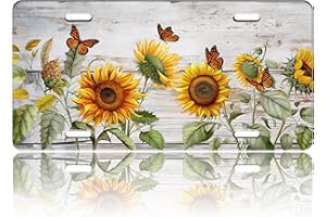 TINALUIN Sunflower Butterfly License Plate Flowers Insect Stainless Steel Front License Plate Vanity Tag Funny for Car Decorative Accessories for Women Men 6 X 12 Inch with 4 Holes