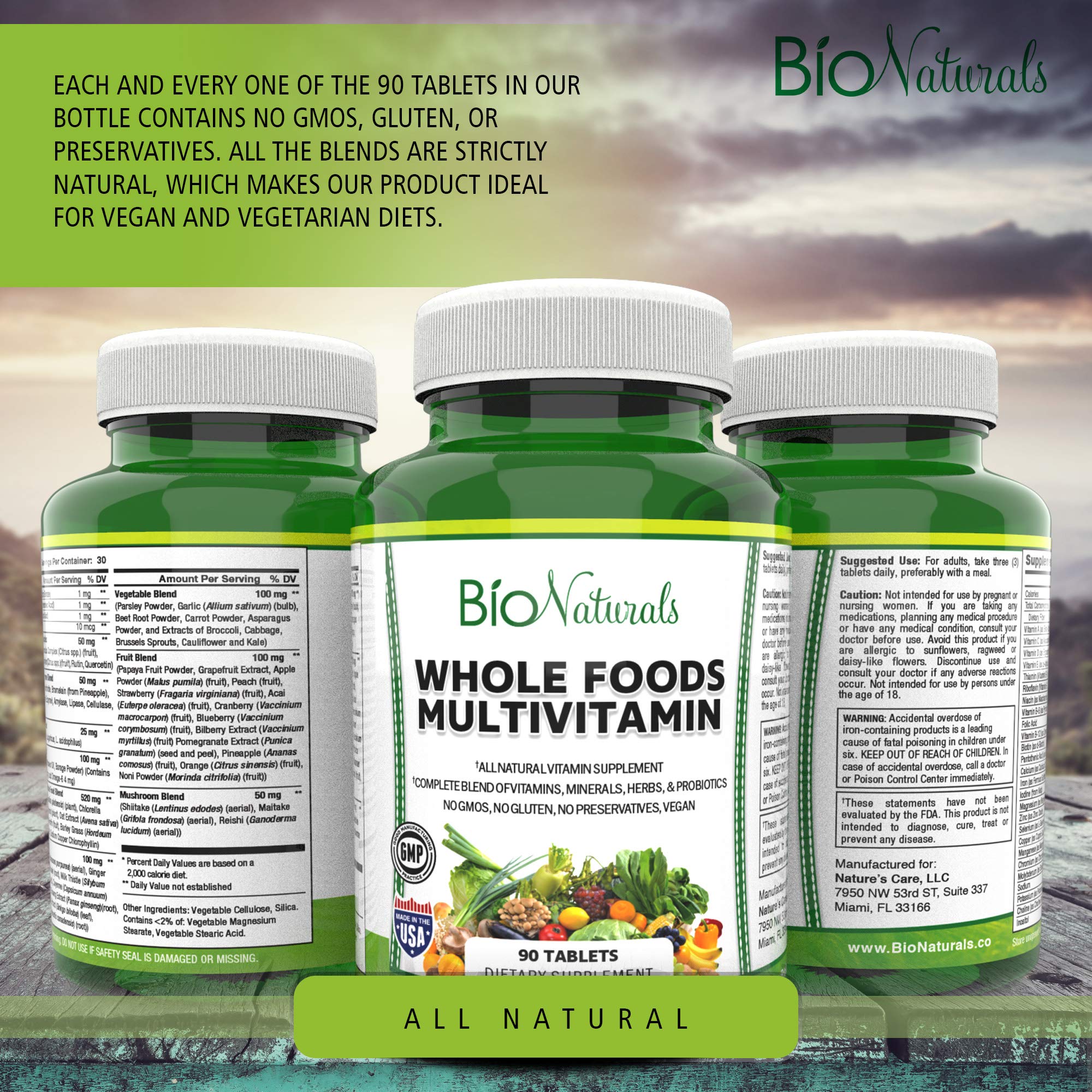 Bio Naturals Whole Foods Multivitamin For Men & Women with 100+ Nutrients - Vitamins A B C D E, Minerals, Herbs, Omega 3, Probiotics, Organic Extracts - No GMOs, No Gluten, 100% Vegan - 90 Count