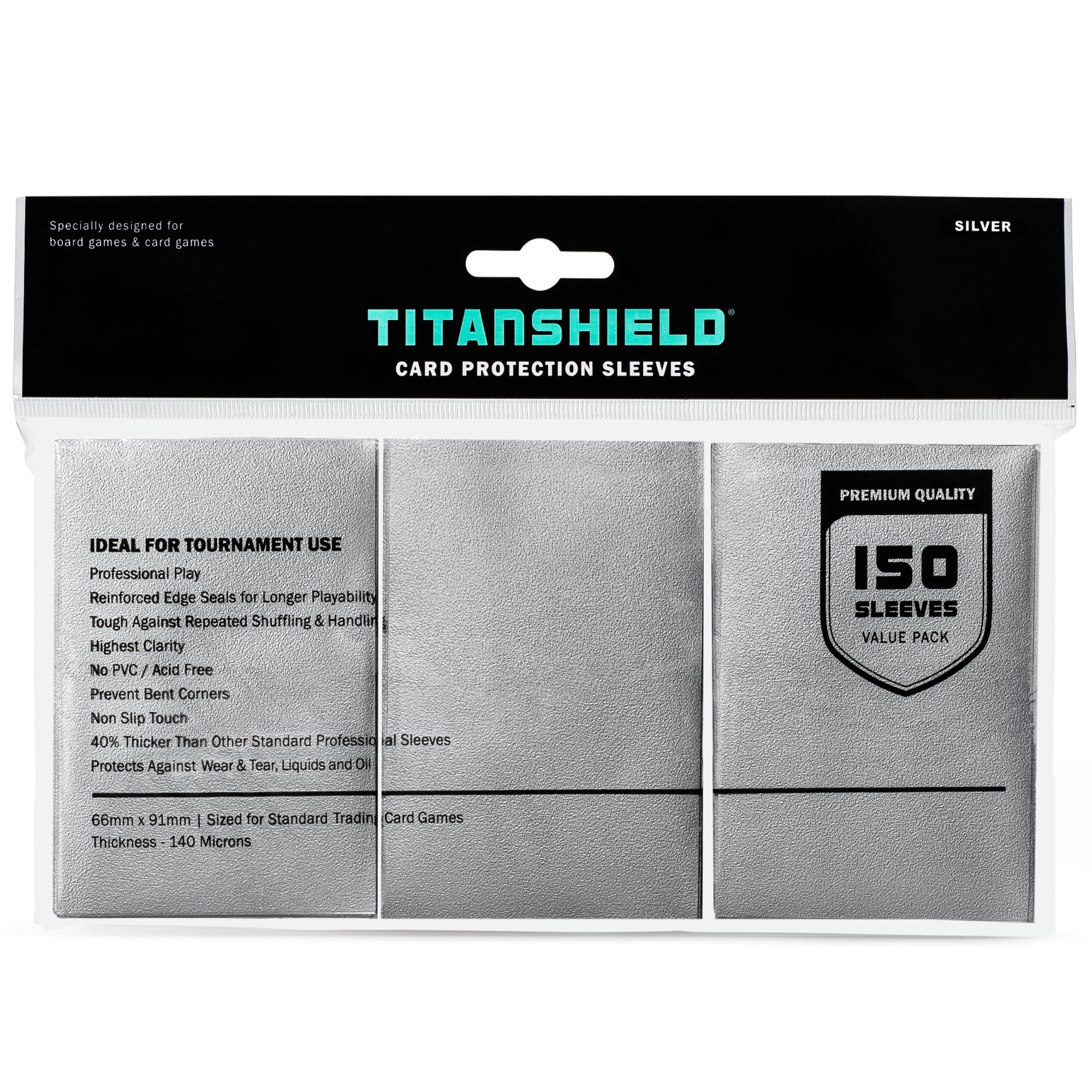 TitanShield Premium Silver 150 Sleeves Standard Size Board Game Trading Card Sleeves Deck Protector for Magic The Gathering MTG, Baseball Collection, Dropmix