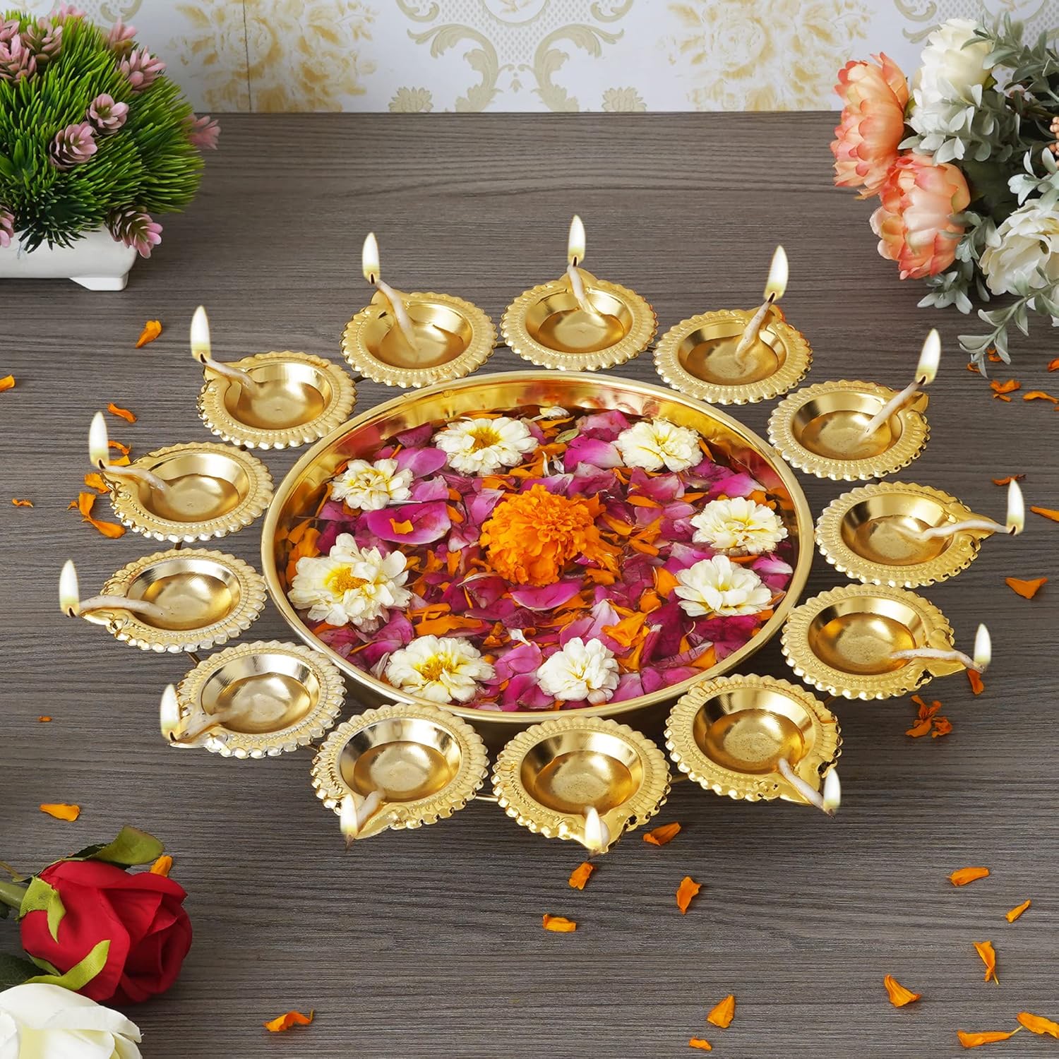 Candles & Holders - Webelkart Diya Shape Flower Decorative Urli Bowl for Home Handcrafted Bowl for Floating Flowers and Tea Light Candles Home ,Office and Table Decor| Diwali Decoration Items for Home ( 14 Inches)