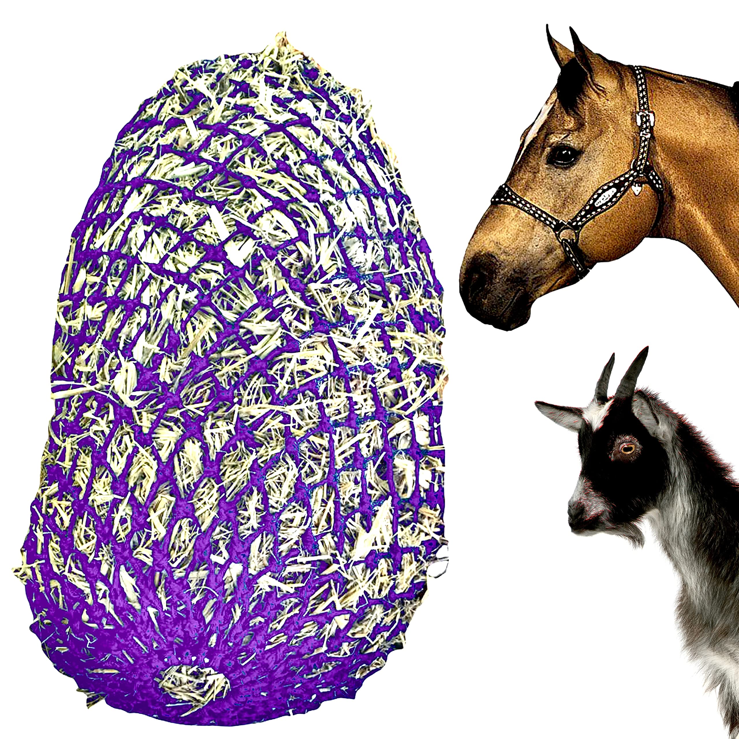 Majestic Ally 1.25”x1.25” Holes Ultra Slow Feed 40” Very Sturdy Hay Net with Bottom Ring for Horses, Nylon Rope Hanging, Adjustable Travel Feeder for Trailer and Stall, Reduces Waste (Purple)