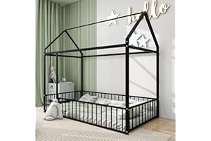 Bellemave Twin Size Montessori Floor Bed, Metal House Bed Framefor Kids, Montessori Floor Beds with Fence, Playhouse for Kids,Black