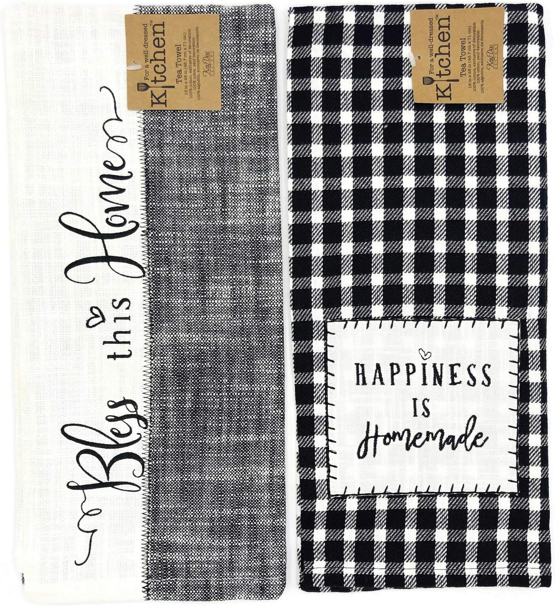 Designs Farmhouse, Happiness is Homemade & Bless This Home Tea Towel Kitchen Dishtowel Set, Classic Flat Tea Towel Ideal for Drying Glassware and Everyday Kitchen Tasks