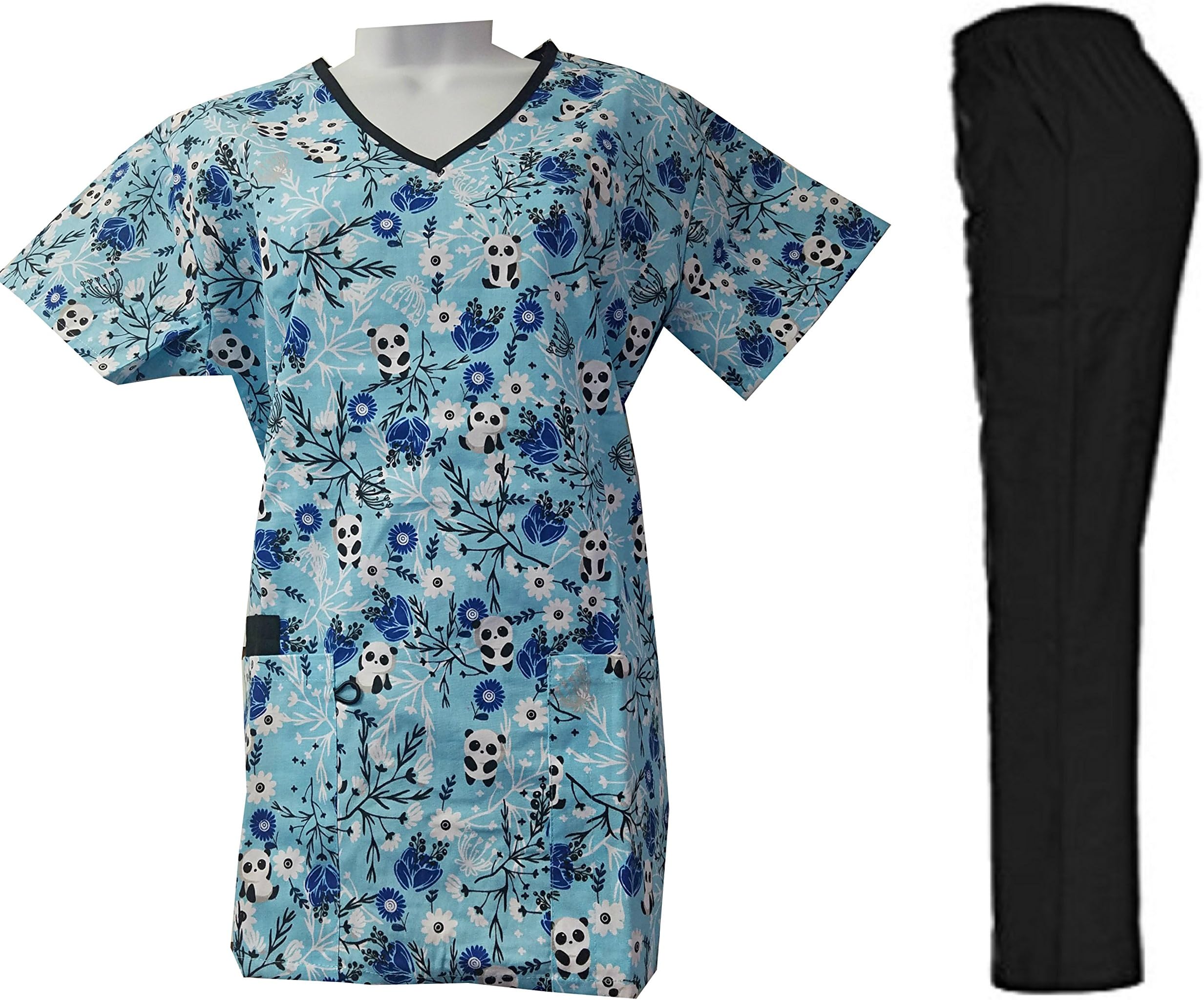 Women's Printed Scrub Sets Top & Pant Sizes XS S M L XL 2XL Multiple Prints Nursing (M, Floral)