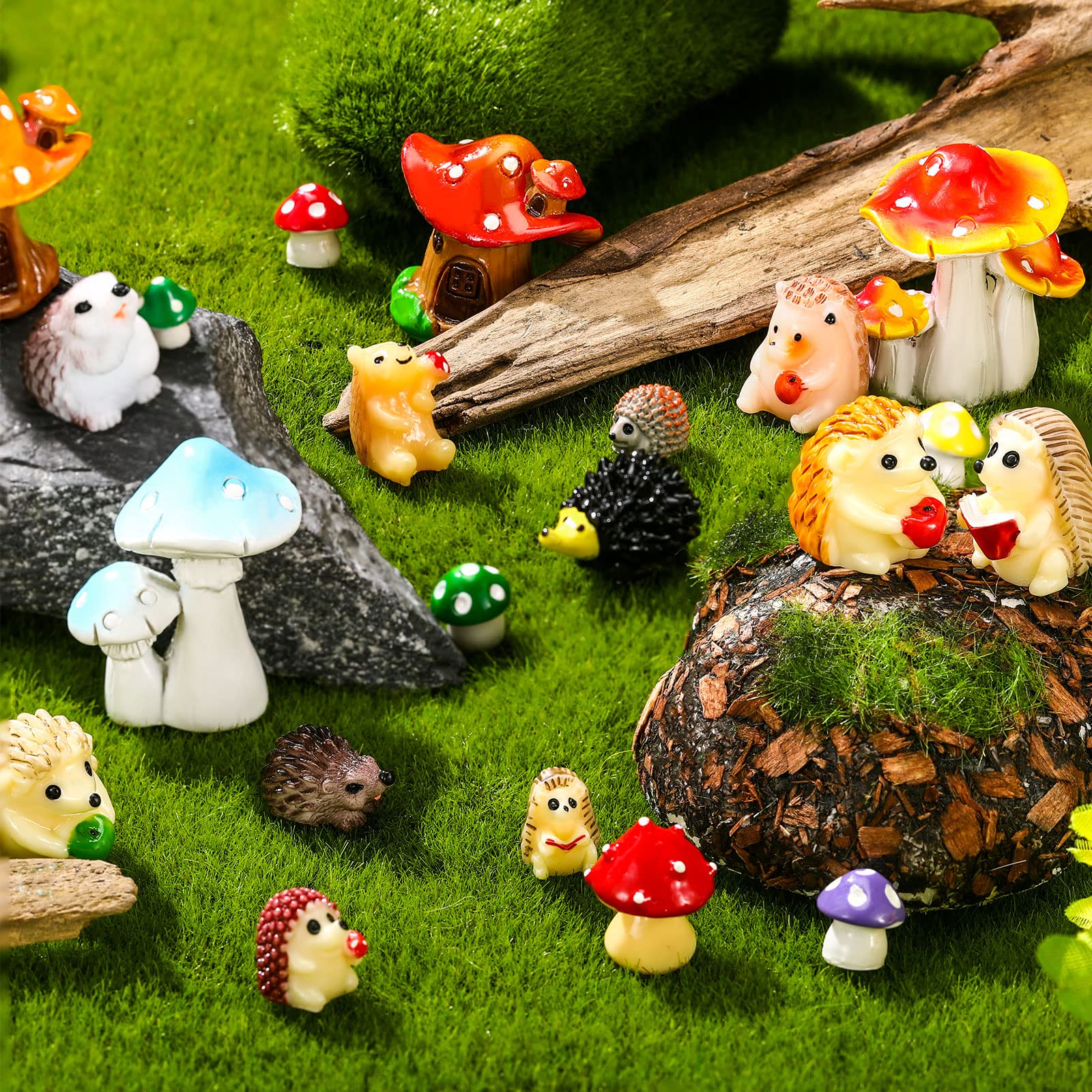 Photo 1 of Woanger 30 Pcs Fairy Outdoor Garden Accessories Resin Mini Hedgehog Mushroom Miniature Figurines Garden Tiny Animals Figurines for House Terrarium Plant Bonsai Craft Decor(Vivid)